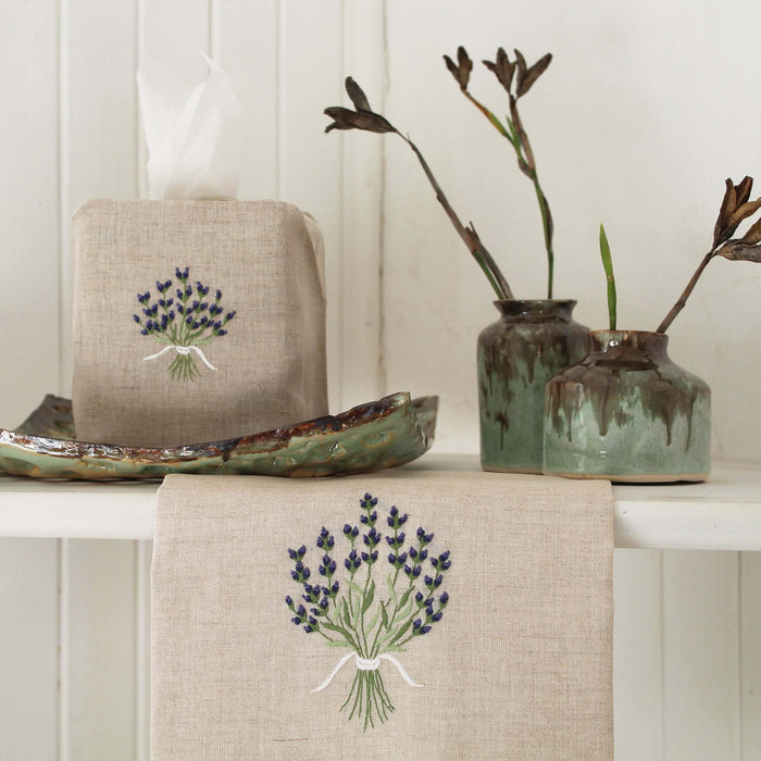 Hand Embroidered Linen Tissue Box Cover  - Lavender Natural