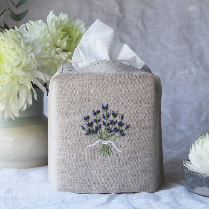 Hand Embroidered Linen Tissue Box Cover  - Lavender Natural