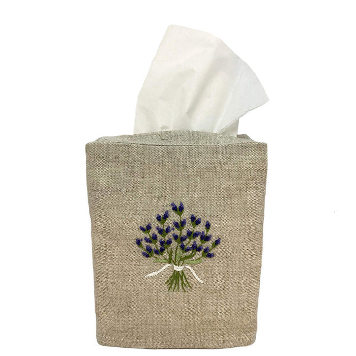 Hand Embroidered Linen Tissue Box Cover  - Lavender Natural