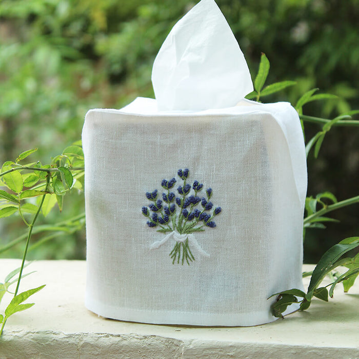 Hand Embroidered Linen Tissue Box Cover  - Lavender White