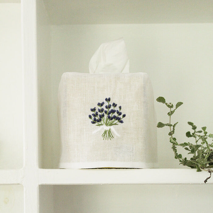 Hand Embroidered Linen Tissue Box Cover  - Lavender White