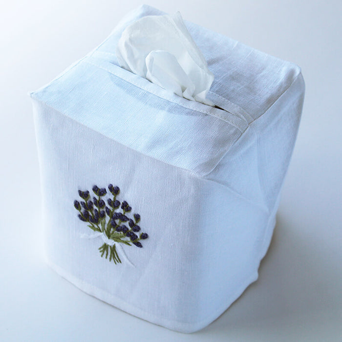 Hand Embroidered Linen Tissue Box Cover  - Lavender White