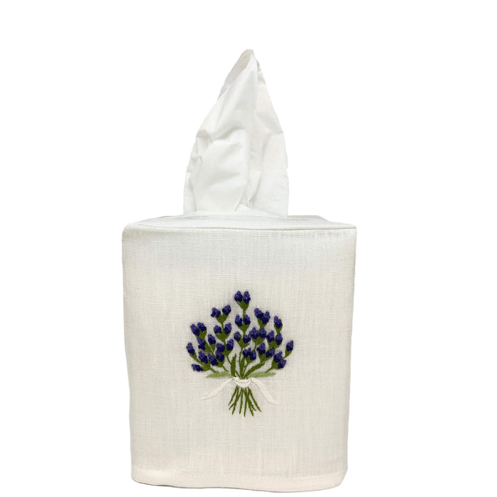 Hand Embroidered Linen Tissue Box Cover  - Lavender White