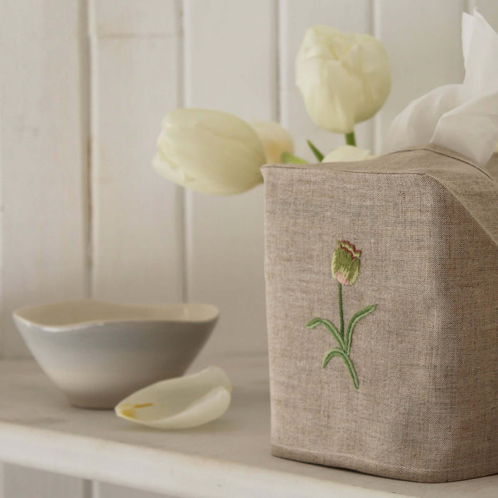 Hand Embroidered Linen Tissue Box Cover - Tulip Natural