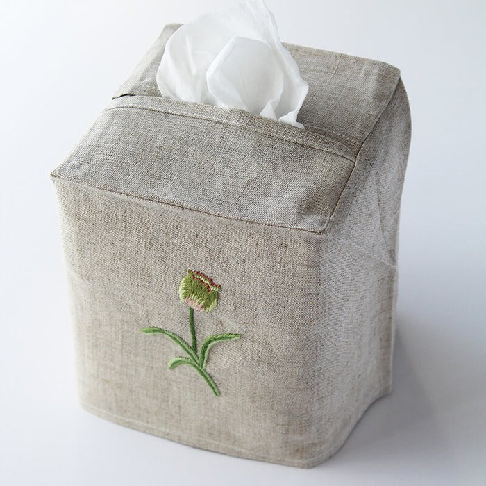 Hand Embroidered Linen Tissue Box Cover - Tulip Natural