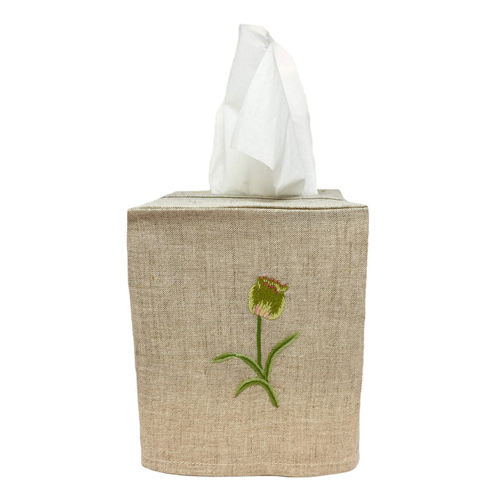 Hand Embroidered Linen Tissue Box Cover - Tulip Natural
