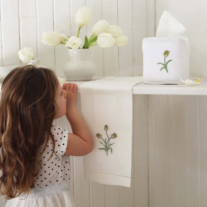Hand Embroidered Linen Tissue Box Cover - Tulip White