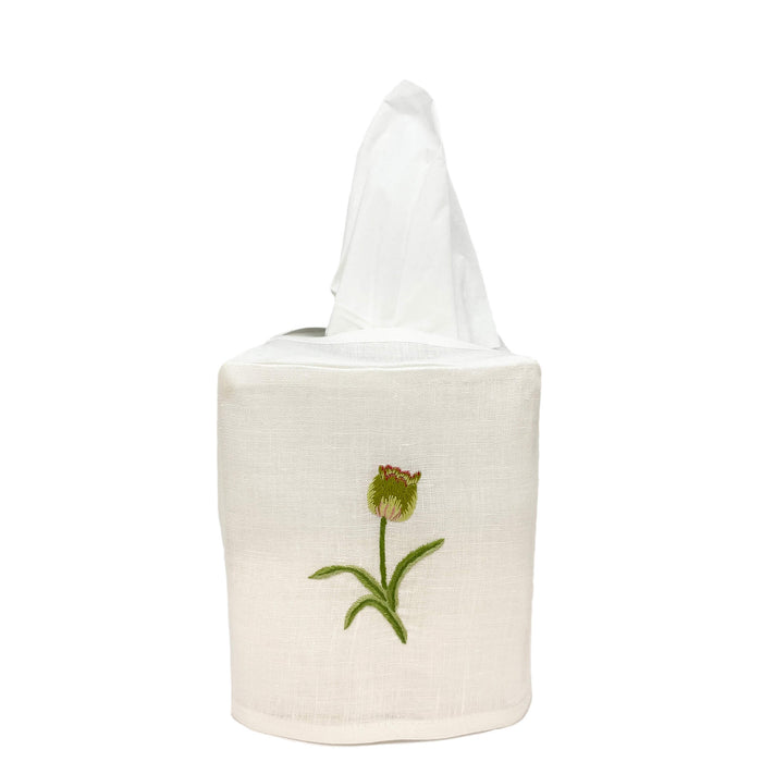 Hand Embroidered Linen Tissue Box Cover - Tulip White