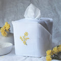 Hand Embroidered Linen Tissue Box Cover Mimosa Flower White
