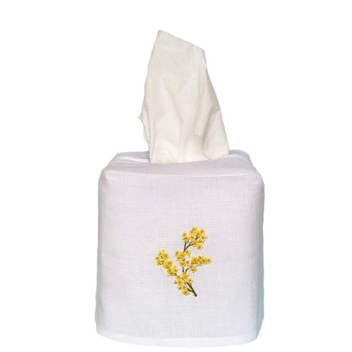 Hand Embroidered Linen Tissue Box Cover Mimosa Flower White