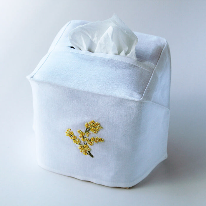 Hand Embroidered Linen Tissue Box Cover Mimosa Flower White