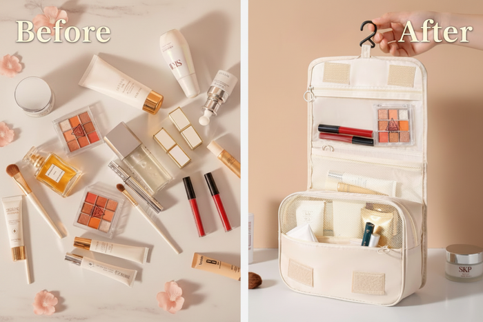 Hanging toiletry organizer before and after showing how toiletries, skincare and makeup essentials stay neatly organized