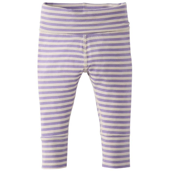 Purple and cream striped knit capri leggings shown flat against a white background.