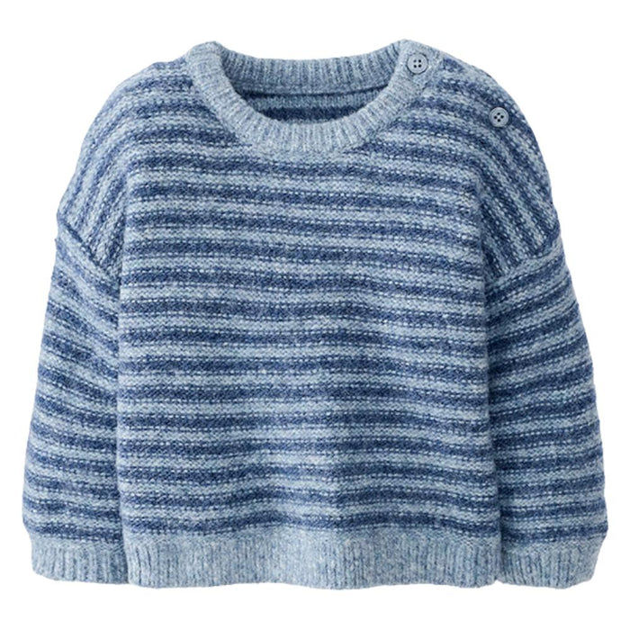 A blue and light gray striped knit sweater with a crew neck and shoulder buttons, shown against a plain white background.