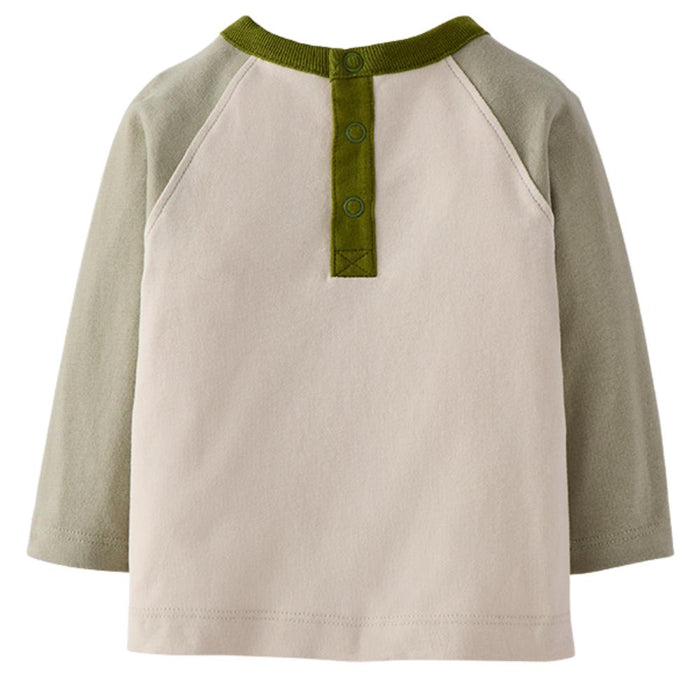 A long-sleeve raglan shirt shown from the back, featuring an off-white body, sage green sleeves, and an olive green collar with three button details.