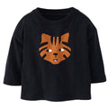 A black long-sleeve baby t-shirt featuring a stylized embroidered orange and brown cat face on the front, set against a plain white background.