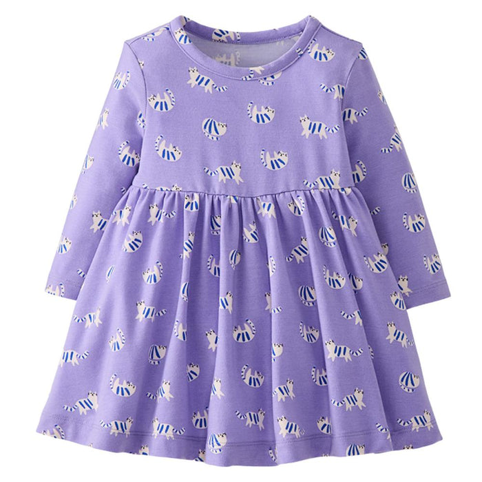 A long-sleeve baby dress in lavender purple, featuring an all-over print of small blue and white striped cats, shown against a plain white background.