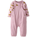 A baby's long-sleeve romper in light pink corduroy-style fabric, featuring a matching pink long-sleeve shirt underneath with olive green semicircle patterns on the sleeves. The romper has adjustable shoulder straps with two buttons, front patch pockets, and elastic cuffed ankles.