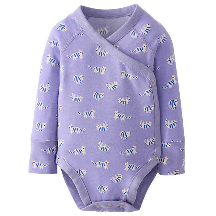 A baby long-sleeve wrap bodysuit in lavender purple, featuring an all-over print of small blue and white striped cats, shown against a plain white background.