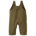 A pair of toddler's olive green canvas bib overalls with adjustable shoulder straps, button closures, a front bib pocket, and two front leg pockets, shown against a plain white background.