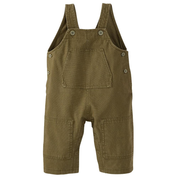 A pair of toddler's olive green canvas bib overalls with adjustable shoulder straps, button closures, a front bib pocket, and two front leg pockets, shown against a plain white background.