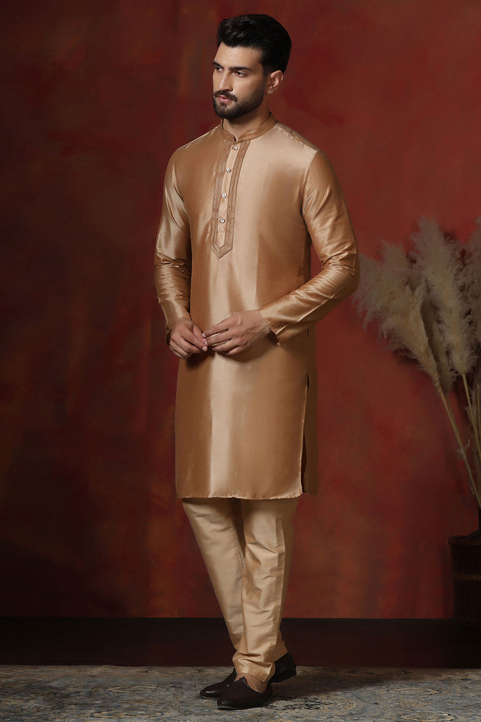 Hard Beige Dupion Solid Kurta Set
