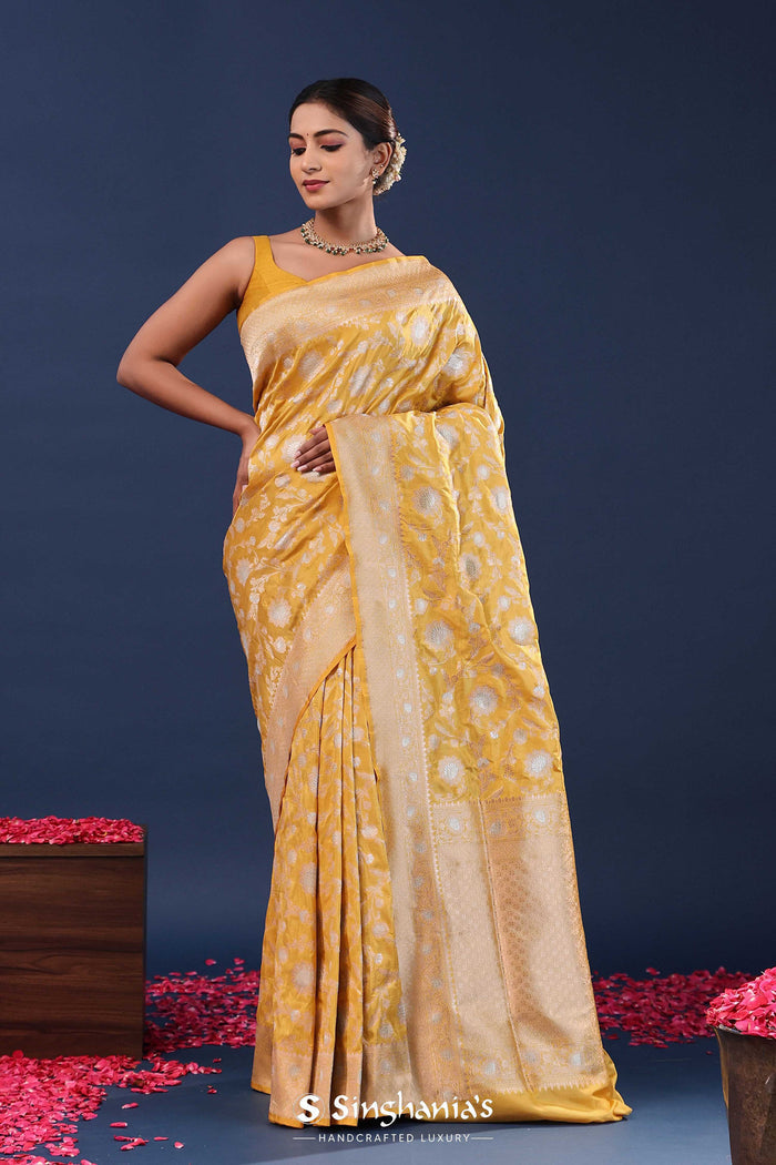 Harvest Gold Yellow Banarasi Saree With Floral Jaal