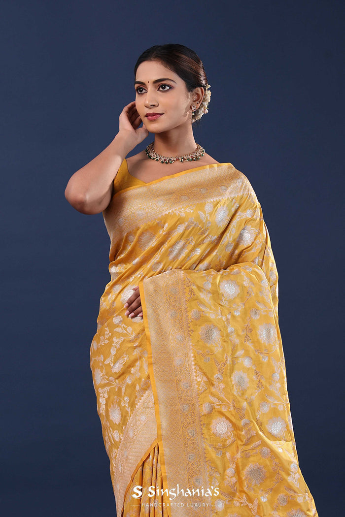 Harvest Gold Yellow Banarasi Saree With Floral Jaal