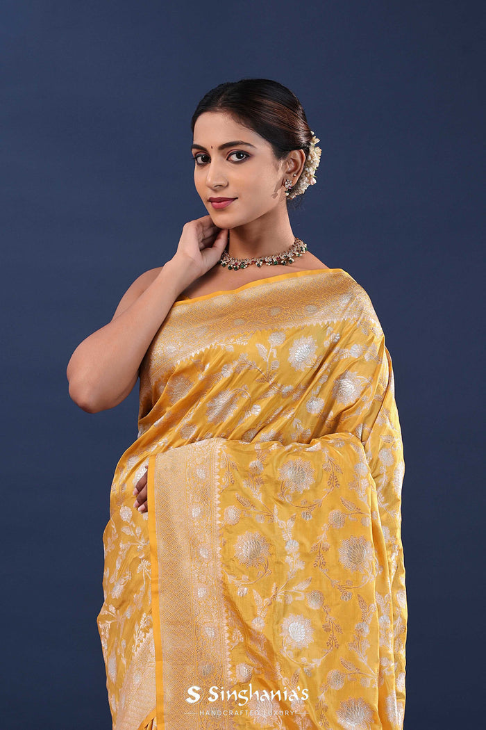 Harvest Gold Yellow Banarasi Saree With Floral Jaal