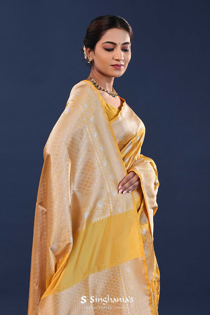 Harvest Gold Yellow Banarasi Saree With Floral Jaal