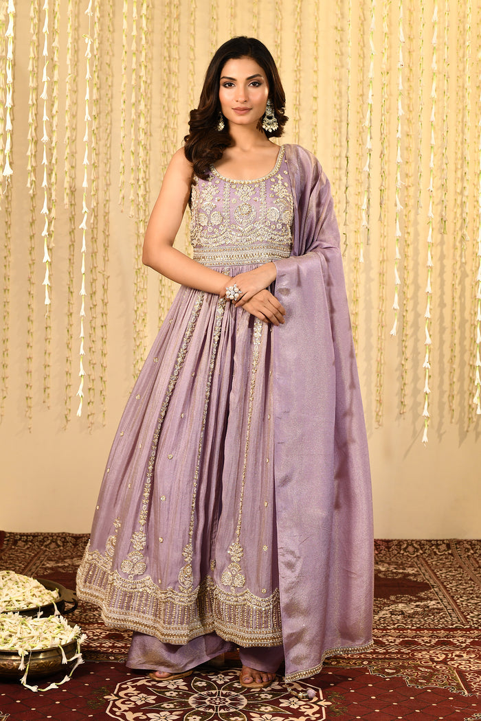 Heather Purple Floral Embroidered Tissue Anarkali Set