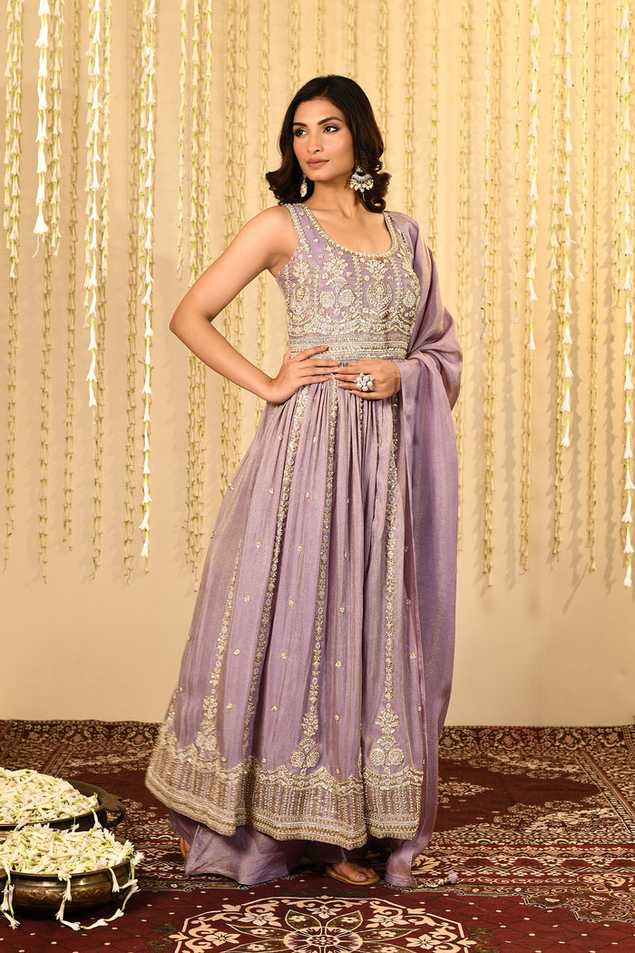 Heather Purple Floral Embroidered Tissue Anarkali Set