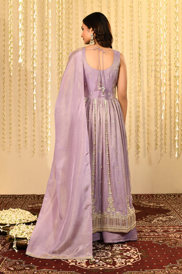 Heather Purple Floral Embroidered Tissue Anarkali Set