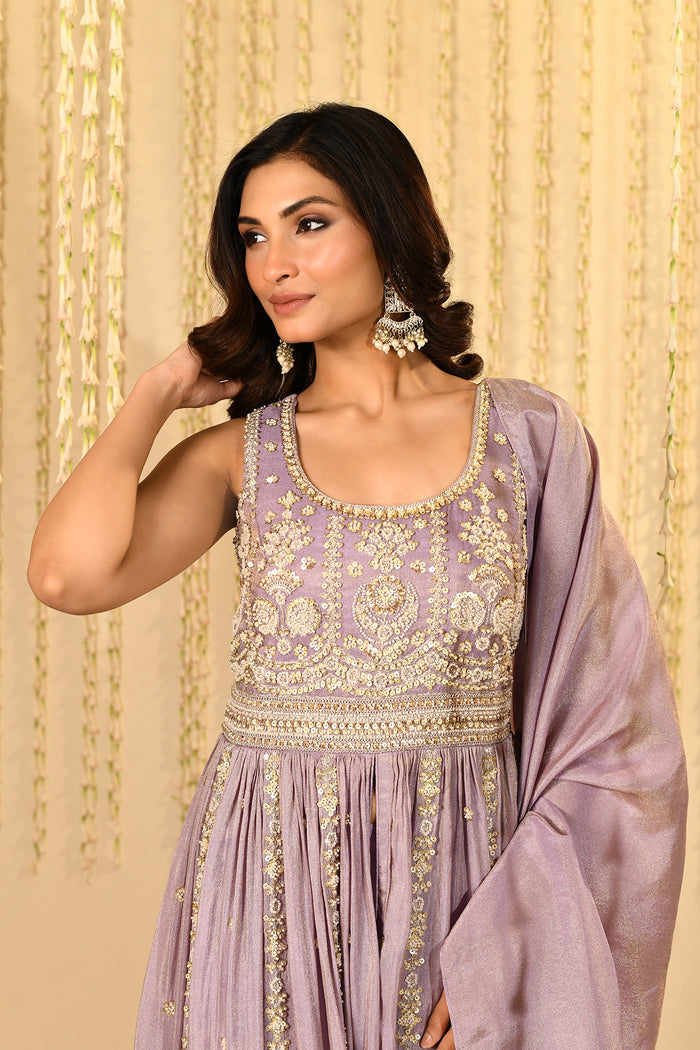 Heather Purple Floral Embroidered Tissue Anarkali Set