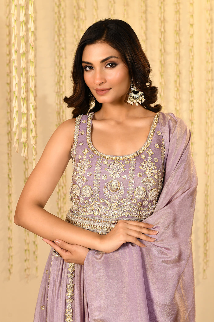 Heather Purple Floral Embroidered Tissue Anarkali Set