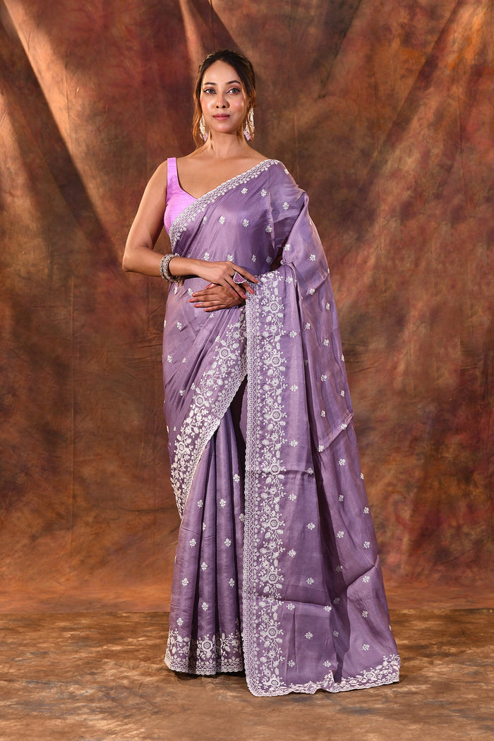 Heather Purple Floral Silk Blend Saree