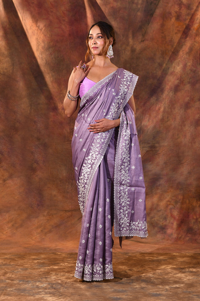 Heather Purple Floral Silk Blend Saree