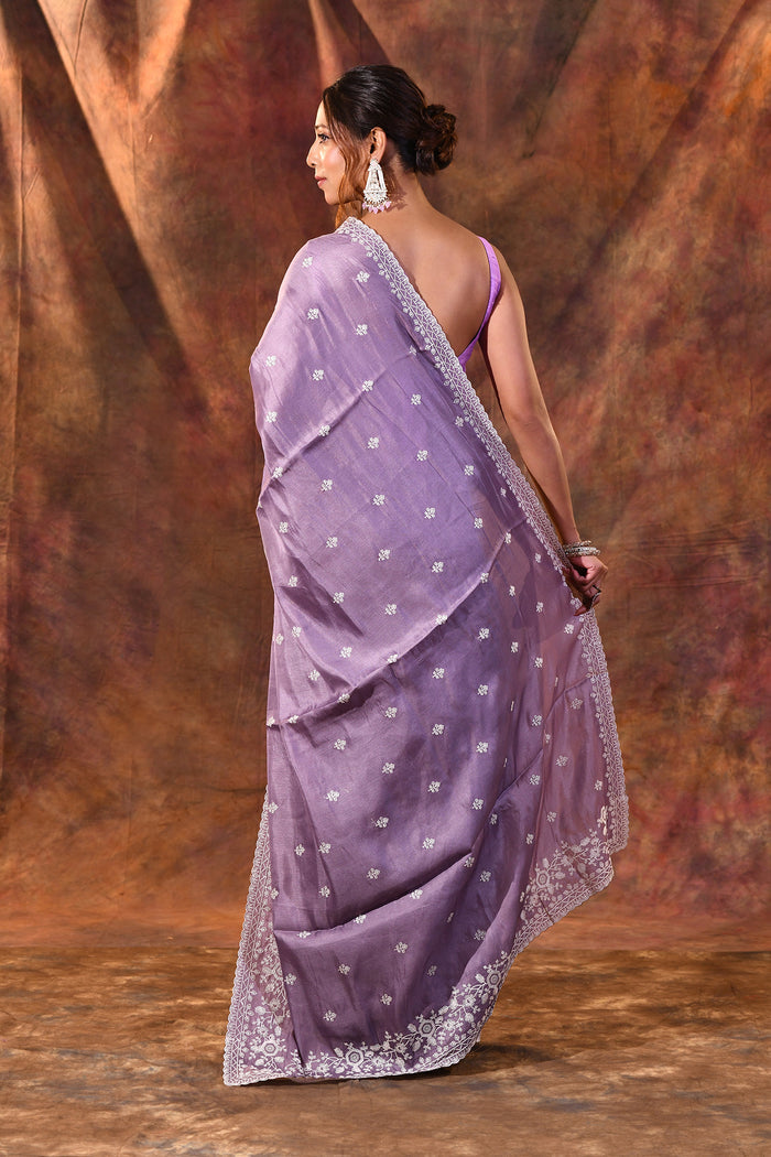 Heather Purple Floral Silk Blend Saree