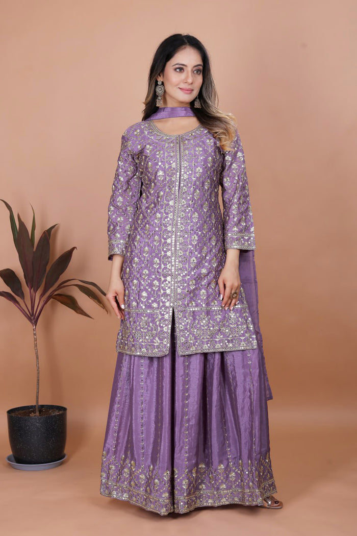 Heather Purple Silk Embroidered Sharara Set