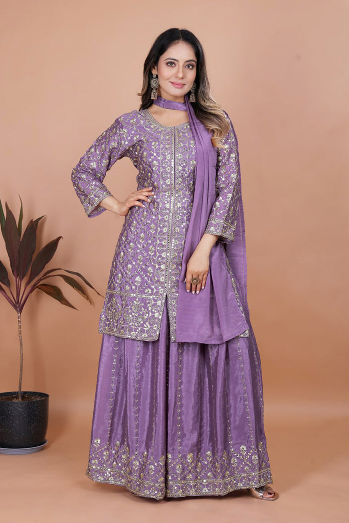 Heather Purple Silk Embroidered Sharara Set