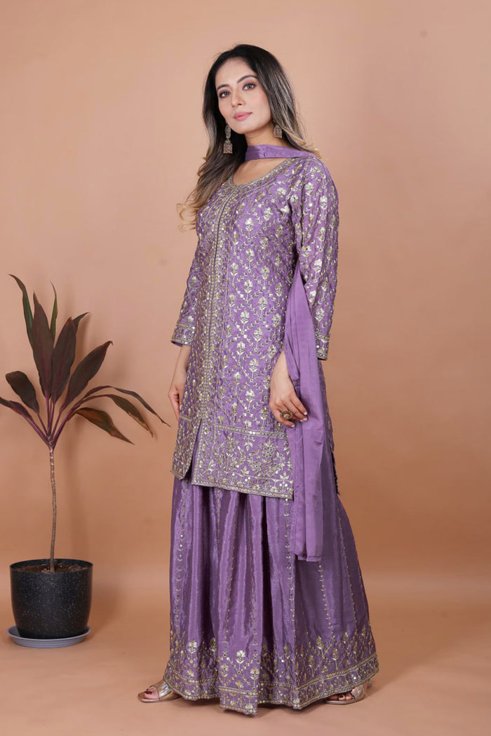 Heather Purple Silk Embroidered Sharara Set