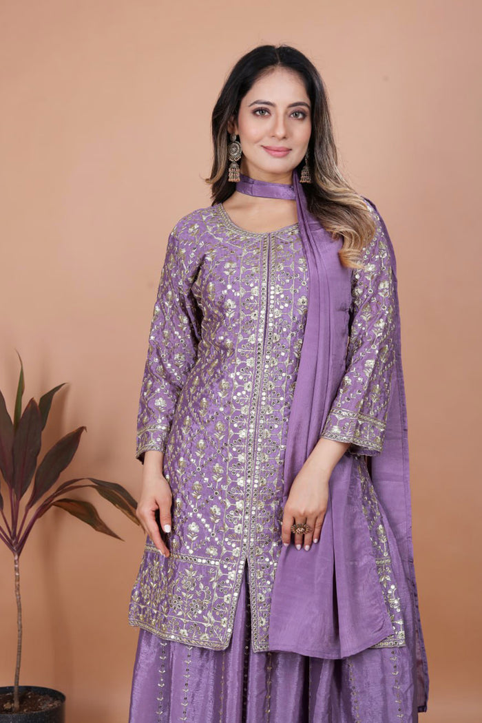 Heather Purple Silk Embroidered Sharara Set