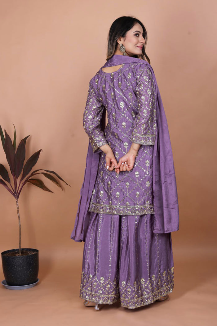 Heather Purple Silk Embroidered Sharara Set