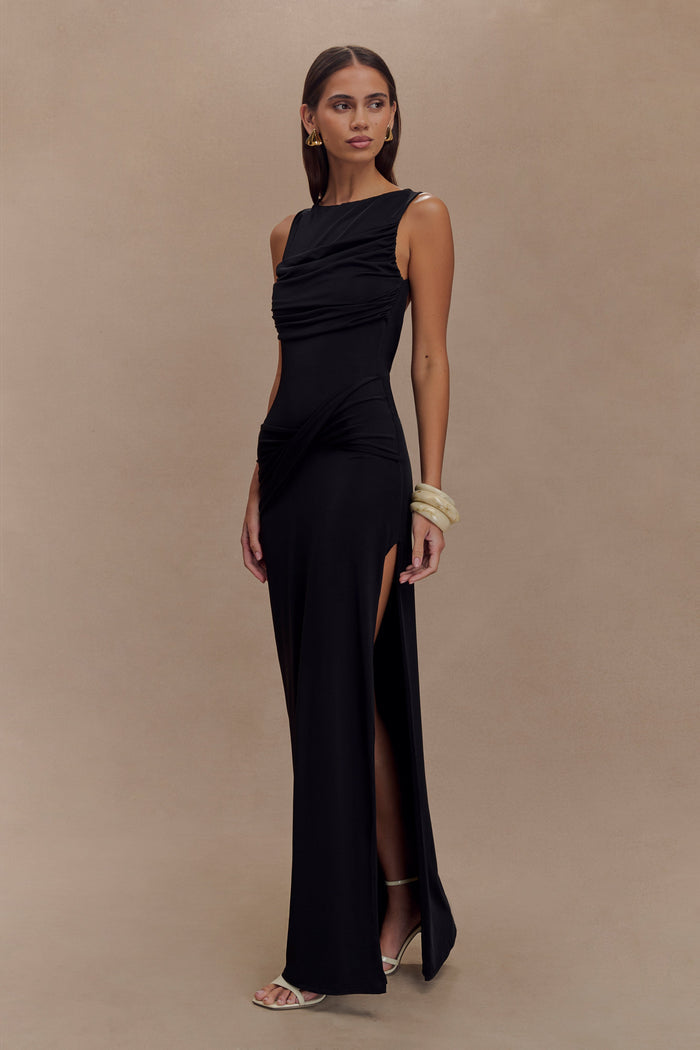 Henley Slinky Drape Maxi Dress - Black