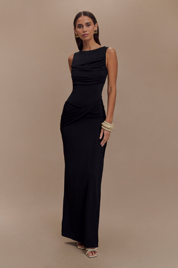 Henley Slinky Drape Maxi Dress - Black