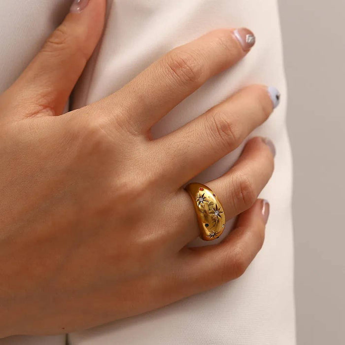 HoopLa - Dome Ring- Galaxy Confetti Ring- Steel 14K Gold Crystals