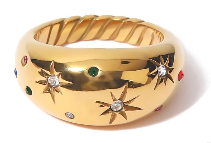 HoopLa - Dome Ring- Galaxy Confetti Ring- Steel 14K Gold Crystals