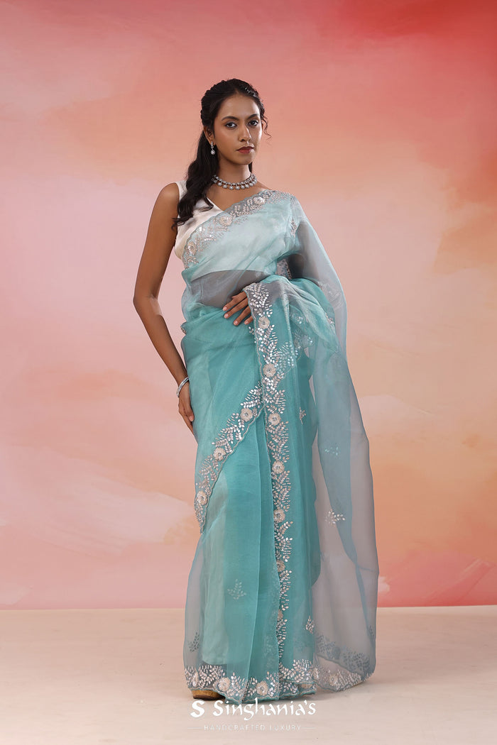 Horizon Blue Cyan Organza Tissue Saree With Scallop Border