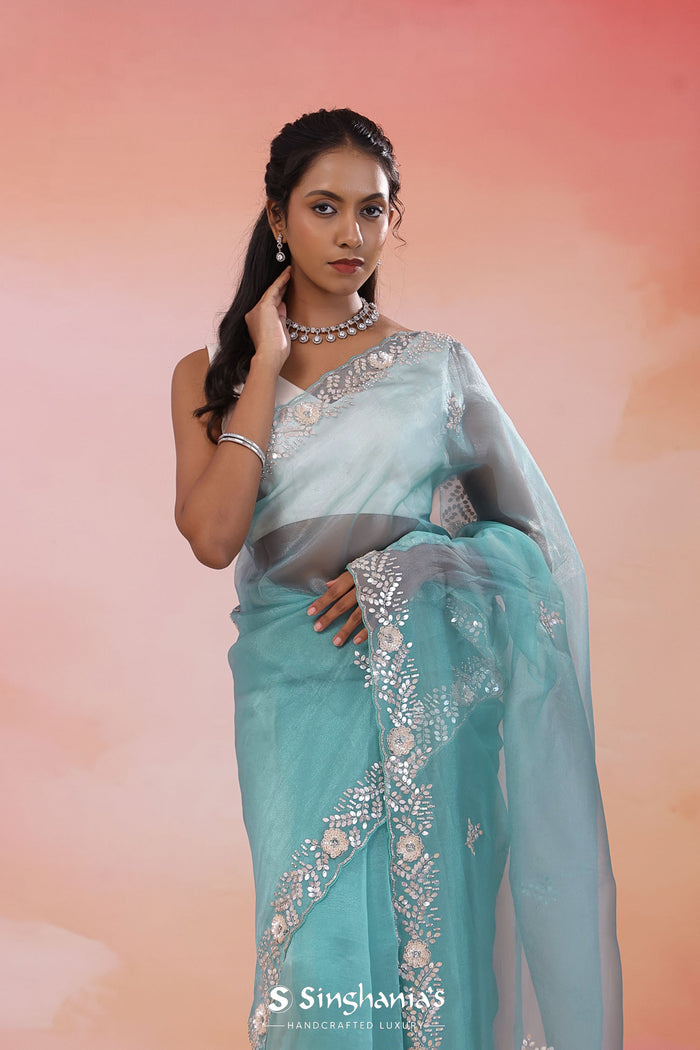 Horizon Blue Cyan Organza Tissue Saree With Scallop Border