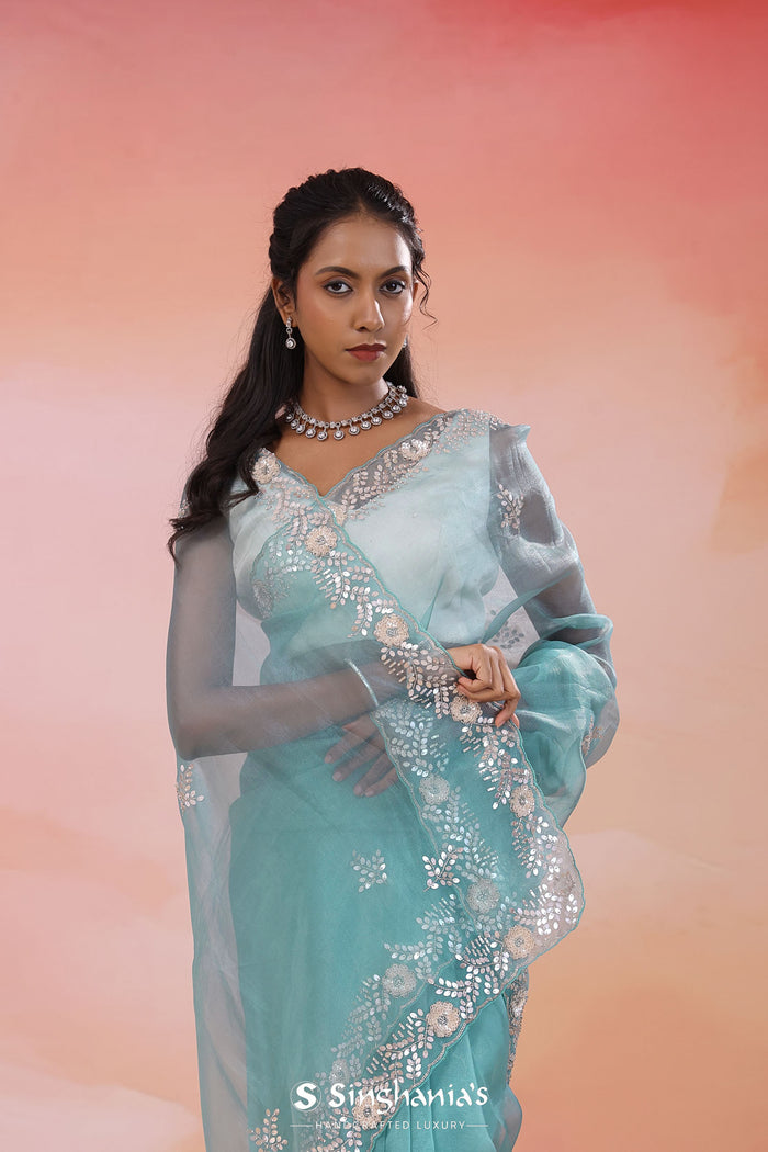 Horizon Blue Cyan Organza Tissue Saree With Scallop Border